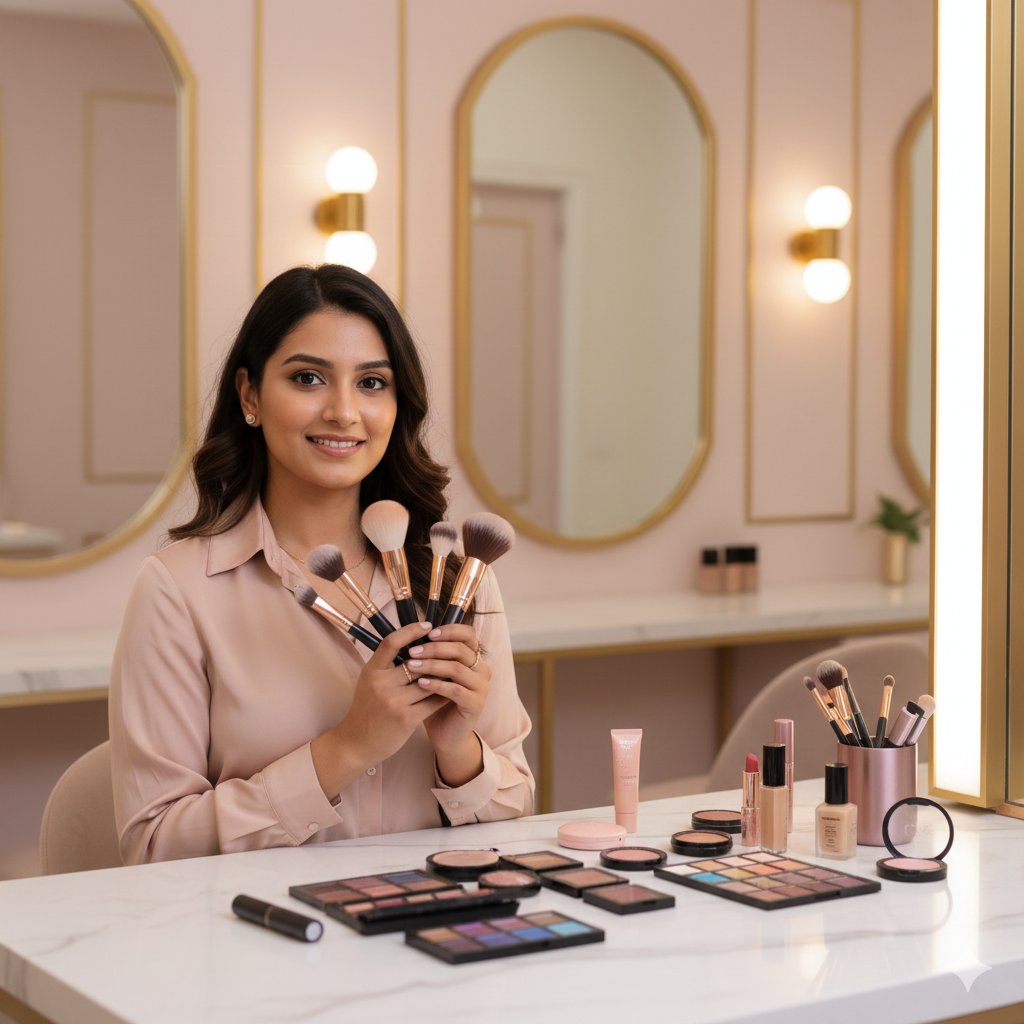 Makeup artist Ushadevi at work
